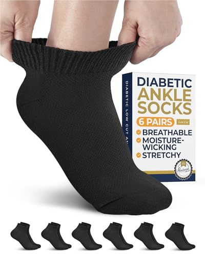 Pembrook® Black Diabetic Socks for Men & Women - 6 Pairs | Ankle Low Cut Stretch Top Mens Diabetic Socks for Neuropathy | Moisture Wicking