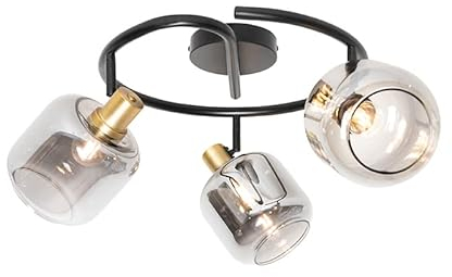 Qazqa Verstellbarer Deckenstrahler, Deckenspot - Zuzanna - Schwarz mit Rauchglas, max. 25W, Geeignet für LED, 67.5cm, Rund, 3-flammig, Ideal als Wohnzimmerlampe, Küche lampe und