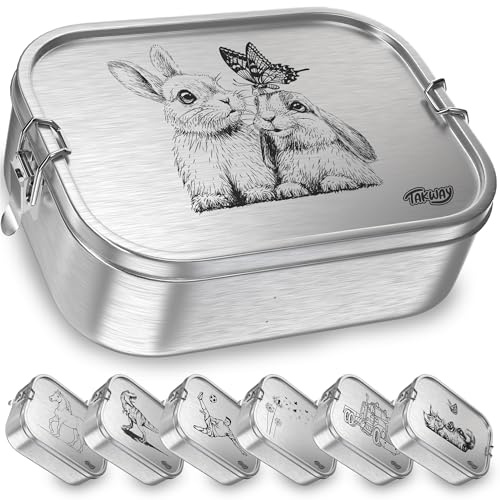 TAKWAY Edelstahl Brotdose mit Fächern 800ml – Auslaufsichere Lunchbox für Kinder & Erwachsene, Bento Box mit flexibler Unterteilung, für Kindergarten, Schule & unterwegs (Hase, 3-Fächer)