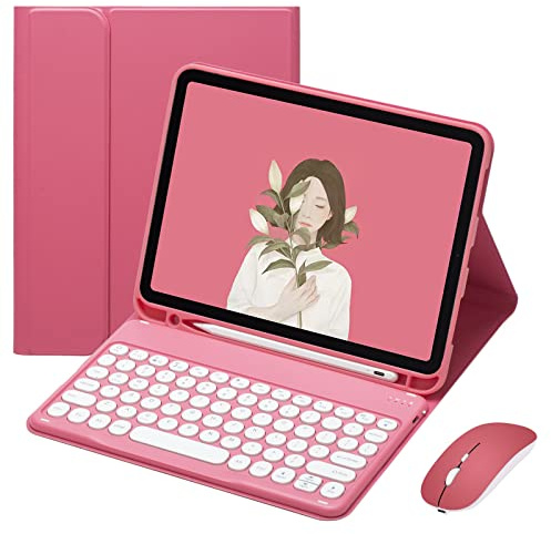 QYiiD Funda con Español Teclado para iPad Mini 6ª Generación 8,3 Pollici 2021, Funda Protectora con Ranura de Lápiz, Lindo Redondo Color Teclado Mouse para Mini 6 (A2567/A2568/A2569), Begonia Roja