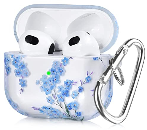 VISOOM Kompatibel mit Airpods 3 Hülle, TPU Blau Blumen Airpods 3 Case Weiches Stoßfest Niedlich Transparent Schutzhülle mit Karabiner, Unterstützung drahtloses Aufladen(Blue Flower)