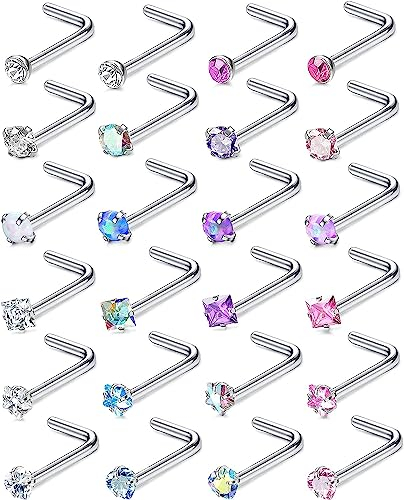 JeweBella 24 Stück 20G Nasenpiercing Steck 316L Chirurgenstahl Nostril Piercing Stecker L-Form/I-Form Nasenstecker Silber Piercing Nase Nasenpiercing Set Nose Stud Nasenpiercing Schmuck für Damen