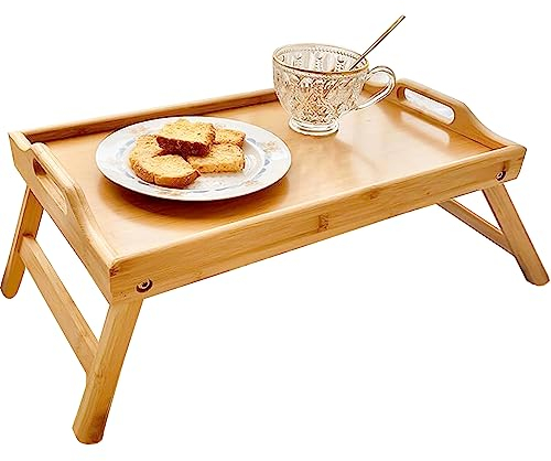 Tikxlafe Vassoio per la colazione, vassoio da letto, tavolo per computer portatile in bambù con piedini per alzarsi, vassoio pieghevole per la colazione a letto