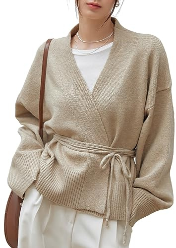 WDIRARA Women's Wrap V Neck Long Sleeve Tie Front Belted Cardigan Casual Sweater Apricot L