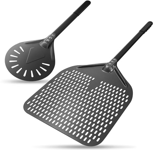 G.a HOMEFAVOR Pizzaschieber Perforierter 14 Zoll Pizzaschaufel aus Hart Eloxiertes Aluminium Pizzaschaufel 8 inch Pizzawendeheber Pizza Schaufel mit Silikongriff