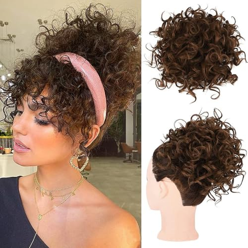 FDEETY Chignon Finto per Capelli Donna Disordinati Grande Ricci Corti Cavallo Chignon Finto Sintetica Ondulato Estensione Coulisse Capelli Sciolti Acconciature(Castano Chiaro)