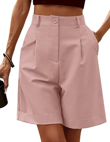 Zeagoo Pantaloncini Donna Estivi Vita Elastica a Vita Alta Bermuda Pantaloncini Casual Gamba Larga Lavoro con Tasche Rosa M