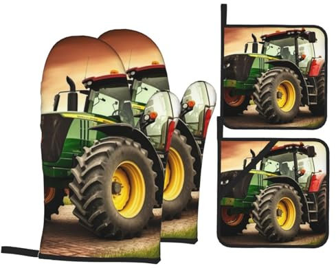 Ofenhandschuhe und Topflappen mit Traktor-Motiv, 4-teiliges Set, hohe hitzebeständige heiße Pads, wasserdichte Ofenhandschuhe, Grillhandschuhe zum Grillen, Kochen, Backen