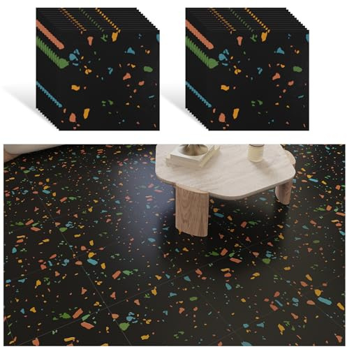 VEELIKE Vinylboden Granit Schwarz PVC Bodenbelag Selbstklebend Fliesenaufkleber Bodenfliesen PVC Boden Marmor Küchenfliesen Selbstklebende Fliesen Boden Bad Schlafzimmer 1.5mm 30cm × 30cm 24 Stück