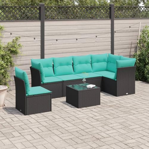 vidaXL Garten Sofa Garnitur 7-TLG., Gartenmöbel Set mit Kissen, Sitzgruppe für Garten Terrasse, Modular Gartensofa Lounge, Tisch mit Glasplatte, Schwarz Poly Rattan