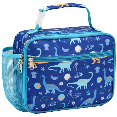 Bagseri Kids Lunch Bag for Boys- Insulated Kids Lunch Box for School | Water Bottle Pocket, Leak-Proof, Clip-on Handle, Kids Cool Bag for Packed Lunches, Picnics, Days out, Blue Space Dinosaur