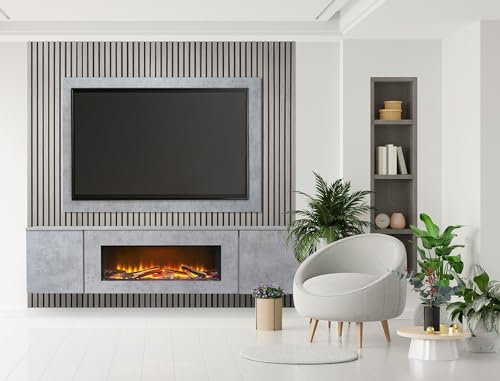 Acantha Orion XO Electric Floating Media Wall Suite in Concrete Effect with TV Board & Grey Oak Wall Panels