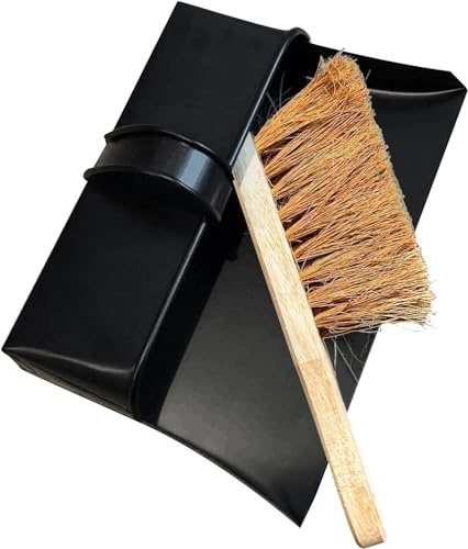 Heavy Duty Metal Dustpan with Handle Industrial Design Large Black Hooded Cleaning Scoop also Suitable for homes, log burners, stoves, workshops, and gardens (DustPan with Soft Brush)