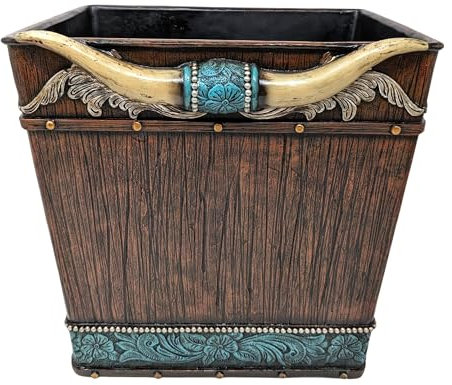 BestGiftEver Poubelle rustique Western | Corbeille à papier en cuir usé du sud-ouest avec fausses cornes | Poubelle décorative unique avec motif amérindien | Poubelle de cowboy