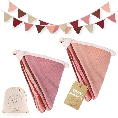 MutoToy® 2 pièces Guirlande de Fanions pour Chambre d'enfant, Guirlande en Tissu de 2,7 m, Decoration Chambre Enfant pour Hambre d'enfant, Chambre de bébé, Fête d'anniversaire (Rose)