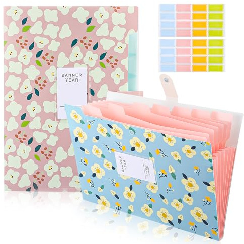 Candcamp 2 Pack A4 Expanding File Folders, Plastic Document Organizer with Snap Button, Pockets Filing Box Floral Pattern 2 Sticky Labels for School Home Office Storage Filing