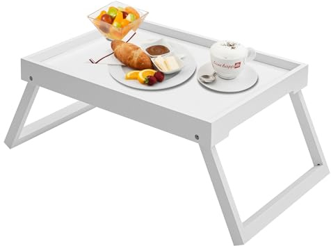Kaukinye Bamboo Bed Tray Table with Foldable Legs, Breakfast Tray, Laptop Desk for Bed or Sofa,Food,Dinner,Serving,TV Table,Kitchen,Eating,Working (White)