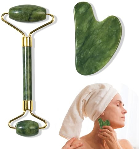 Gua Sha Set, Massage Stones Jade Roller and Guasha Tool for Face, Facial Massager Face Rollers for Women, Self Care Gifts for Women Muscle Relaxing Improve Eye Puffiness Skin Care Gift