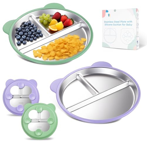 Aiorber 2 Stück Babyteller Mit Saugnapf, 9 Zoll/23 cm Edelstahl Teller mit abnehmbaren Silikonhüllen für Babys – Rutschfest & unzerbrechlich– Spülmaschinenfest & ideal für Snacks, Beikost