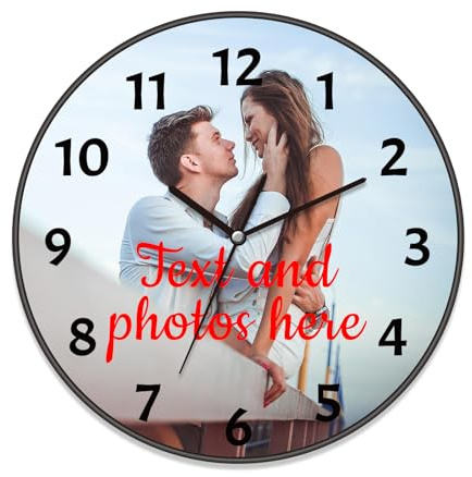 XSTZR Horloge Murale personnalisée avec Photo, horloges Modernes à Piles 8 Pouces, Ronde, silencieuse, analogique, Classique, pour Bureau, Maison, Salle de Bain, Cuisine, Chambre, école (Noir)