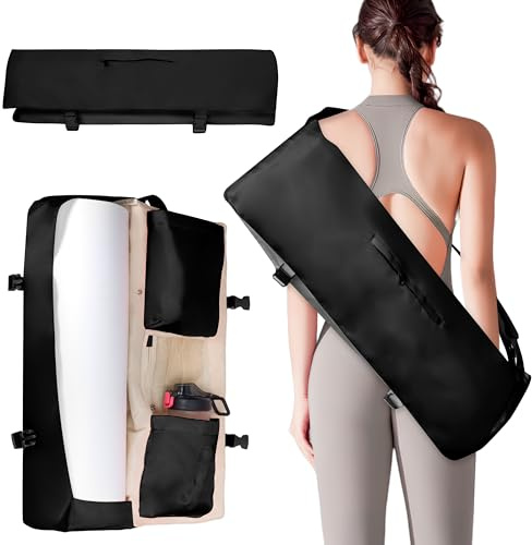 Wasserdichte Yogatasche für Damen mit Nassfach Flaschenhalter Durchgehendem Verstellbarer Schultergurt, Robuste Geräumige Tragetasche Taschen für Pilate Sport Gymnastik Yogamatte Yoga-Zubehör, Schwarz
