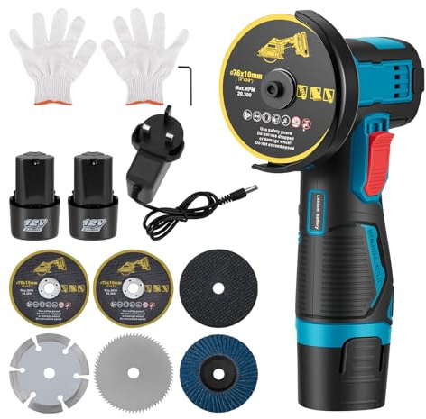 12V Mini Cordless Angle Grinder, Angle Grinder 19500 RPM with 6 Cutting Discs and 2pcs Batteries, Angle Grinder Tool, 3 in Grinding Disc, Mini Electric Grinding Tool for cutting Polishing and Grinding