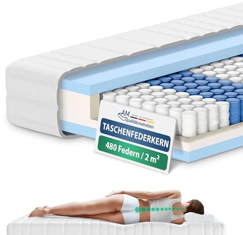 AM Qualitätsmatratzen 7 Zonen Taschenfederkernmatratze 90x200cm H3 - Made in Germany - Ergonomische Federkernmatratze 90x200 mit waschbarem Bezug - Oeko TEX zertifizierte Matratze 90x200 20cm hoch