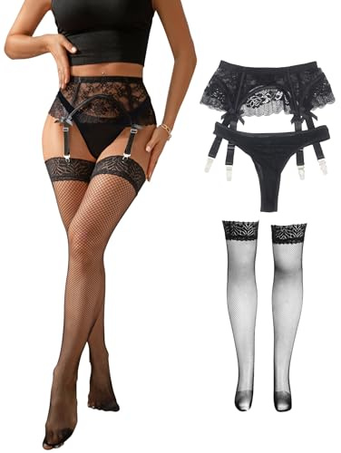 ohmydear Porte-Jarretelle Femme Ensemble avec G-String et Bas Noir