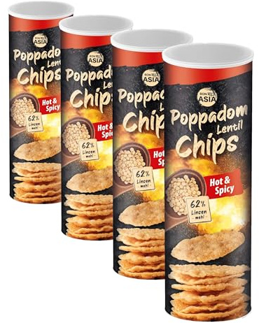 Bonasia Chips Poppadom Hot & Spicy, Elaborados con Harina de Lentejas 70 g (Paquete de 4)
