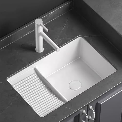 Lavatoio Lavanderia con Asse per Lavare, Lavatoio Ceramica, Lavandino Bagno, con Rubinetto Estraibile e Raccordi di Scarico, Ideale per Lavanderie, Balconi e Bagni(61x40cm/24x15.7in)