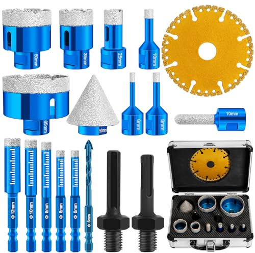 QLOUNI Diamantborr kakelborrsats, 19-delad M14 gänga 6/8/10/25/35/50/65 mm M6 axel 6/8/10/12 mm diamant fasborr + dyksåg + vevstake och ett aluminiumförvaringsfodral