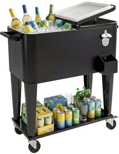 Outsunny Nevera de jardín de 76 l, carro para comida de jardín con estante, abrebotellas, ruedas bloqueables, archivador de tapones, portátil para bebidas, bar, patio y fiestas, color negro