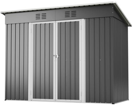 Metall Geräteschuppen 242x126x182 cm – Wetterfester Gartenschrank mit Abschließbare Tür, Schrägdach & Belüftung – Fundamentrahmen für Garten, Terrasse, Fahrrad & Mülltonnenbox (Grau)