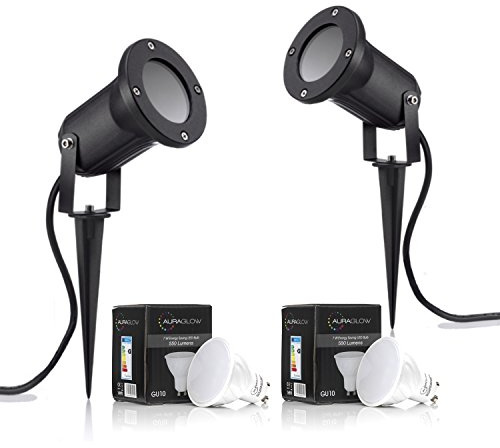 Auraglow Tiefliegender Gartenstrahler GU10 Halter IP54 Außenwandfluter - Kalte weiße LED-Glühlampe Enthalten - Doppelpack