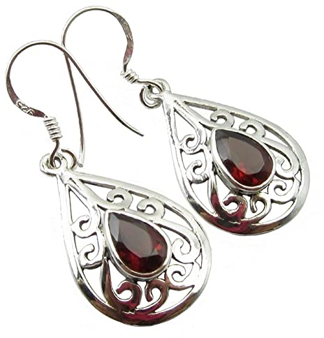 Unique Gems Damen Ohrhänger echter roter Granat 2.8 Karat 925 Sterling Silber Art Nouveau Juweliers- Qualität