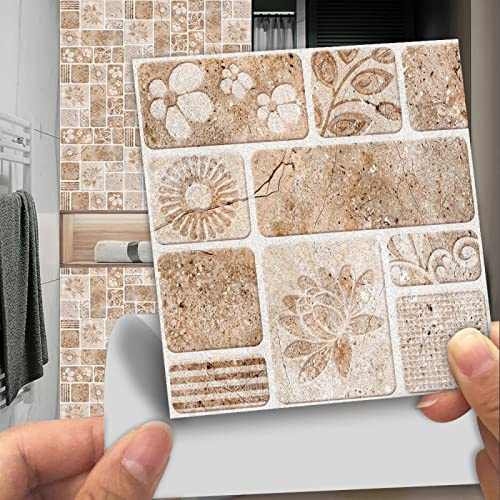 Piastrelle Adesive Marrone Chiaro Vintage per Cucina e Bagno - Mattonelle in PVC Impermeabile, Fai da Te 10 Pezzi (20X20cm)