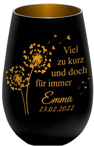 Trauerlicht/Windlicht/Personalisierte Gravur - Namen und Datum - Viel zu kurz und doch für Immer - schwarz/Gold - Gedenklicht Erinnerungslicht Grablicht Trauergeschenk