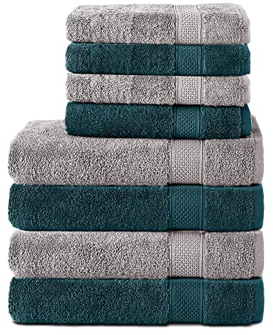 Komfortec Juego de 8 Toallas de Mano de 100% algodón, 4 Toallas de baño de 70 x 140 cm y 4 Toallas de Mano de 50 x 100 cm, de Rizo, Suaves, Grandes, Color Plata/Azul petróleo