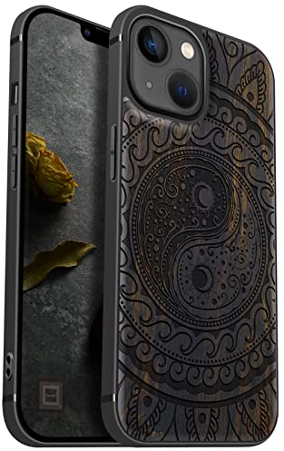 Carveit Handyhülle für iPhone 13 Holz Cover kompatibel MagSafe mit Apple & QI drahtlosen magnetischen Ladegeräten Massivholz Kompatibel mit 13 hulle（Dunklesholz-Yin-Yang-Paisley）