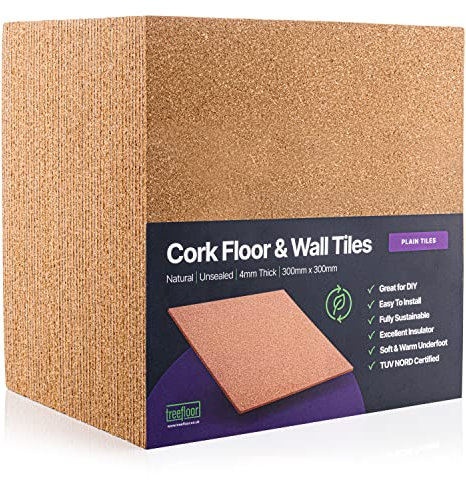 Treefloor Natural Plain Cork Tiles - 300mm x 300mm x 4mm (Plain, 100, Tiles)