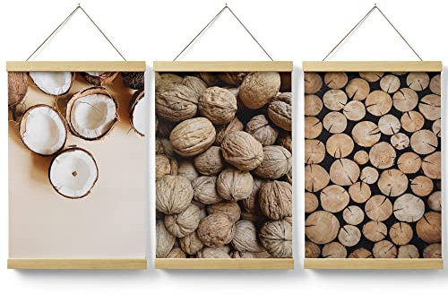 Feeby Posterleiste Set 3 Bilder Boho Holz Nüsse 60x90 cm Eiche Magnetische Poster-Hänger Posterhalter Posterschiene Posterrahmen Wohnzimmer Schlafzimmer Bild Bilder Highland Kuh Wild&Free Braun