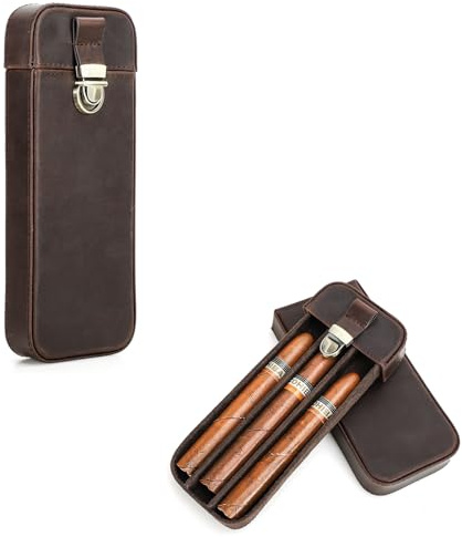 Hiram Estuche de viaje para puros de piel auténtica para 3 puros, caja de almacenamiento portátil de 3 dedos con cerradura y cajón