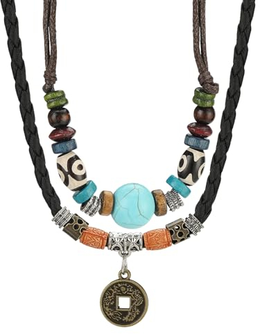 Casisto.J Leder Halskette Herren Damen Boho Schmuck Kette, Doppellagige Verstellbare Vintage Bohemian Türkis Anhänger Lederkette Kommt in Schmuck Geschenk Box