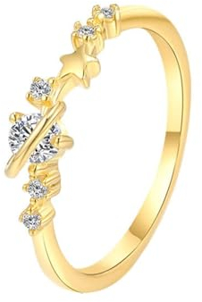 Skcess 18 Karat Gelbgold Wedding Ring Weiß Diamant Runden, Damenringe Rund und Stern mit Diamant Ringe Frauen Größe 63 (20.1)