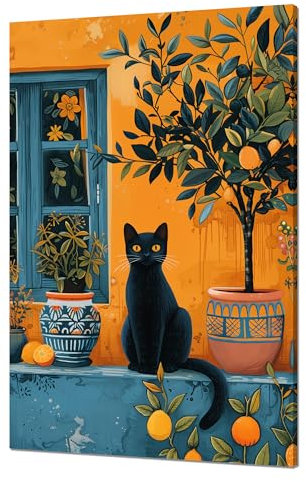 Wandkunst, Katze im Fenster, schwarze Katze mit Zitronenbaum, Wanddekoration, gerahmt, Tier-Leinwanddrucke, Vintage-Malerei, Poster, Büro, Zuhause, Wohnzimmer, Dekoration (40,6 x 61 cm)