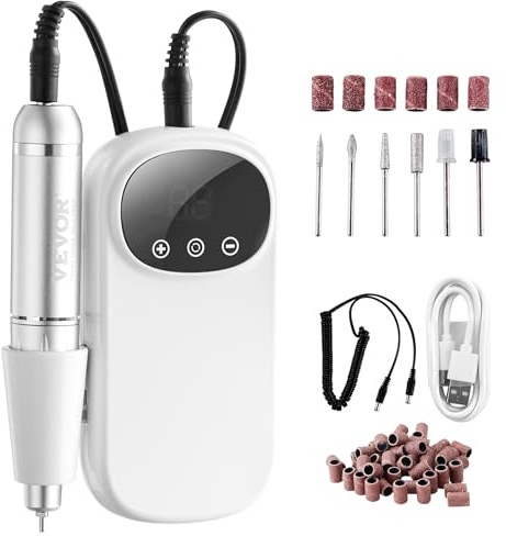 VEVOR Trapano Unghie Elettrico Ricaricabile 134 x 68 x 38 mm Lima per Unghie Portatile Senza Fili 35000 Giri/min con Schermo LCD, 6 Punte, 50 Bande Abrasive per Manicure Pedicure Smalto per Intagliare