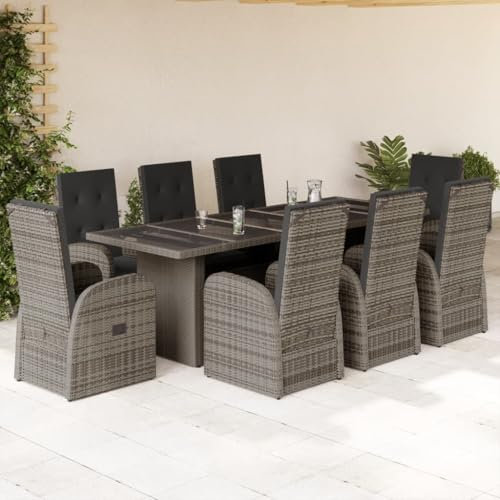 Homgoday 9-TLG. Garten-Essgruppe mit Kissen Gartenmöbel Set Gartentisch mit Stühle Sitzgruppe Gartenstuhl Verstellbarer Gartengarnitur Balkonmöbel Terrassenmöbel Poly Rattan Grau