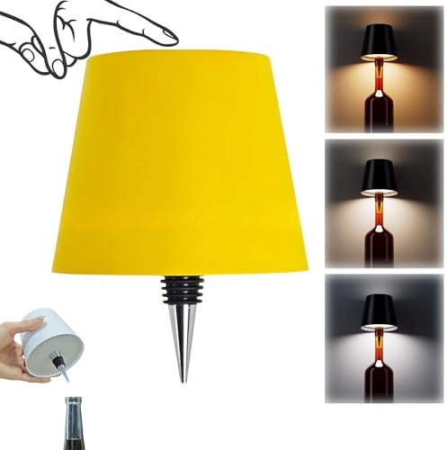 AIMARS Wireless Bottle Lamp, 3 Color Stepless Dimming Wine Bottle Lamp, LED Rechargeable Touch Control Wireless Bottle Lampshade for Bedroom, Restaurant, Bar (Yellow, 1-Pack)