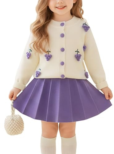 JiAmy Ropa para Bebé Niña Conjuntos Niños Suéter Cárdigan de Punto de Manga Larga con Volantes con Falda Plisada 2 Piezas Conjunto de Vestido Casual de Otoño Invierno para Niñas, Morado (, 1-2 años