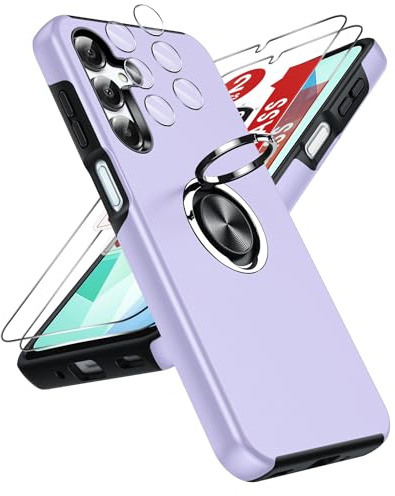 LeYi for Samsung Galaxy A16 Phone Case with 2 Screen and 2 Lens Protector | Invisible Metal Ring Stand Holder Shockproof Protective Cover for Samsung A 16 4G/5G - Purple